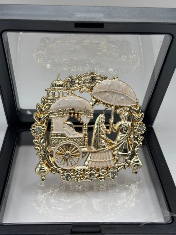 Dulheo Royal Wedding Dulha Brooch – White Enamel & Gold Finish Bride Groom Sherwani Brooch