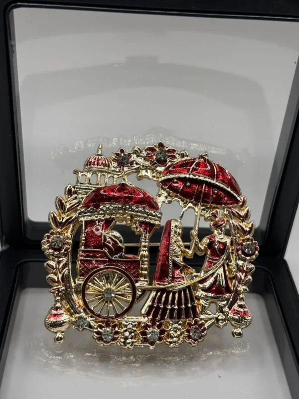 Royal Rajasthani Bridal Couple Brooch with Red Enamel & Crystal Accents