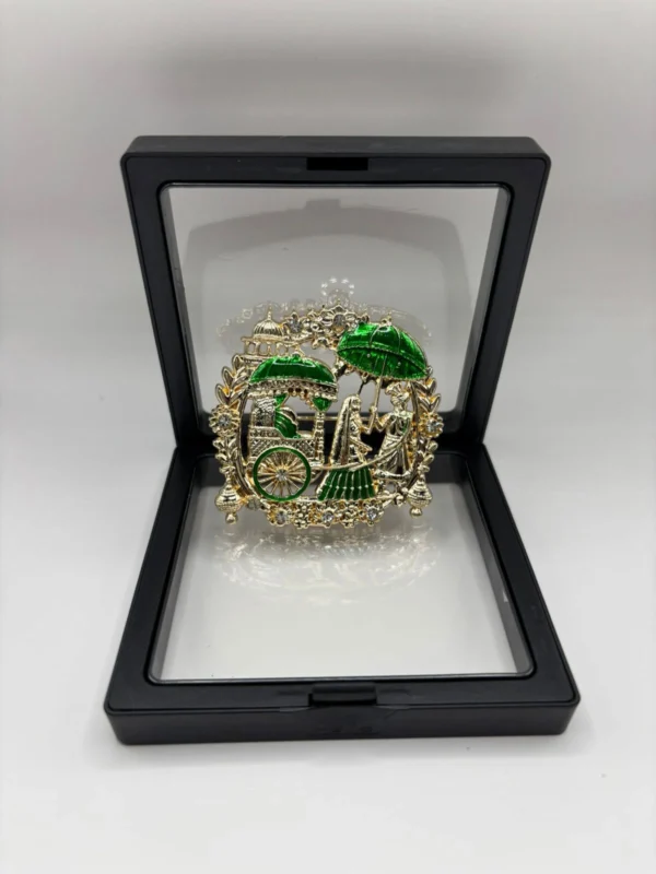 Royal Indian Wedding Couple Brooch with Green Enamel, Gold Finish & Crystal Accents