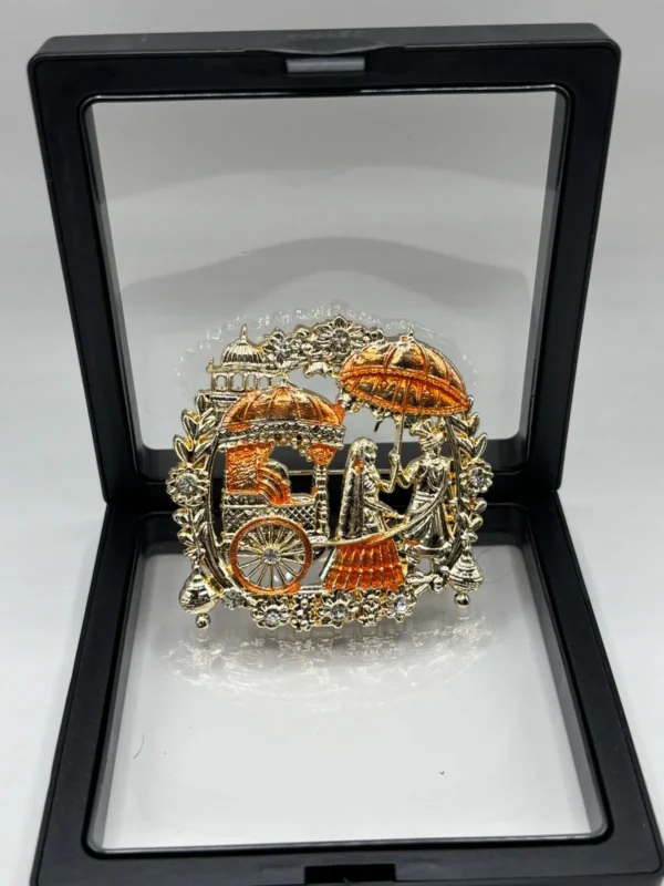 Dulheo Royal Wedding Dulha Brooch – Gold Finish Orange Enamel Bride & Groom Sherwani Brooch