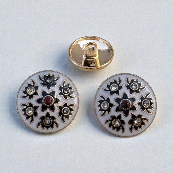 Vintage Floral Rhinestone Shank Button – Ivory & Gold with Red Crystal Center