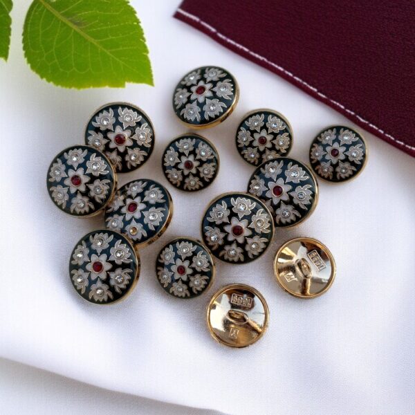 Luxury Black Floral Rhinestone Shank Button – Gold Trim with Red Crystal Center