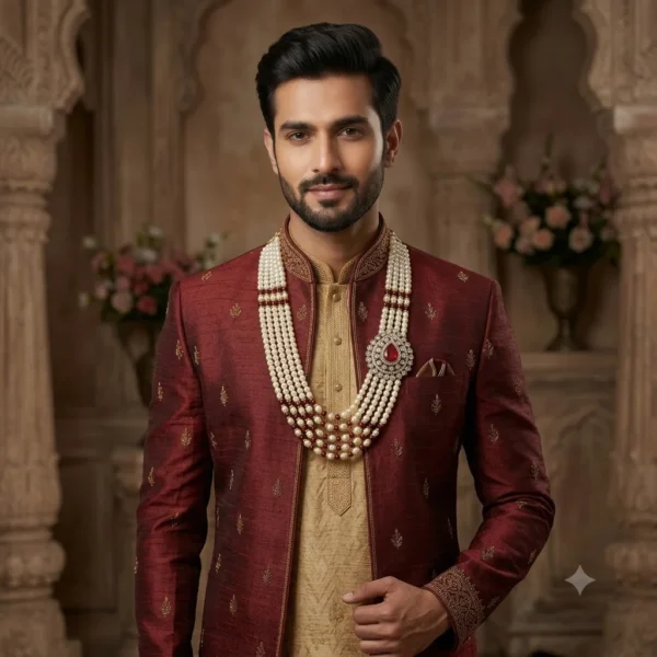 Royal 5-Layer Faux Pearl Moti Mala | Sherwani Haar with Red Teardrop Kundan Brooch