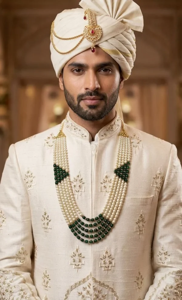 Indian groom wearing a traditional five-layered white pearl and green bead mala with a cream sherwani and safa