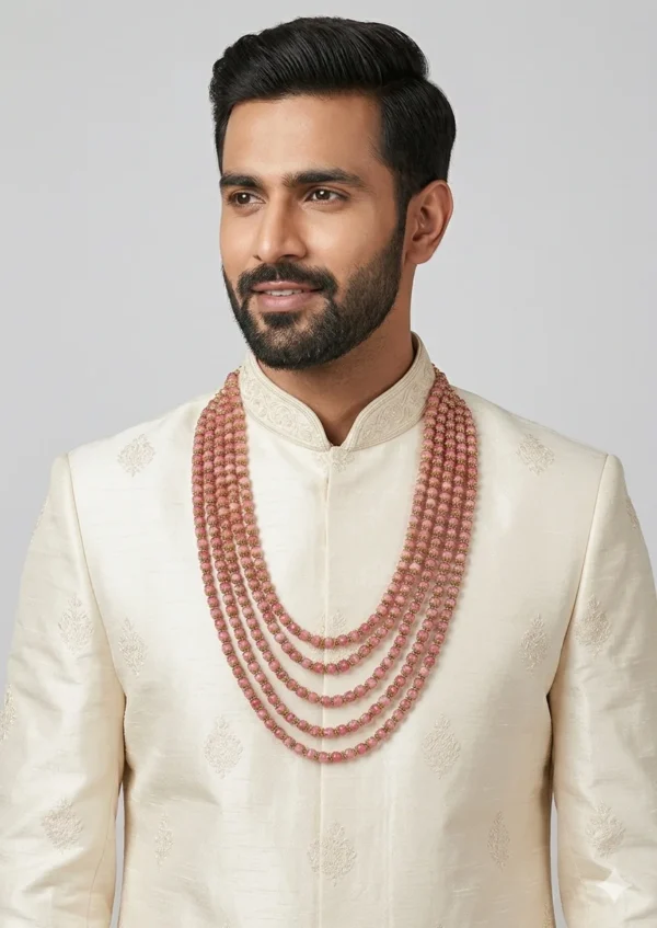 Premium Five-Layered Pink Bead Groom Mala with Gold-Toned Detailing – Traditional Ethnic Wedding Accessory